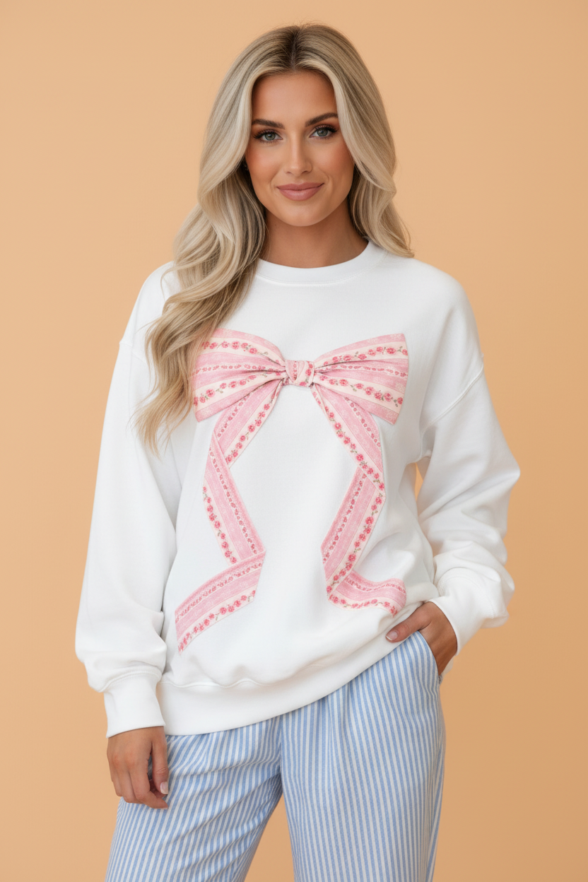 PRETTY BASH Floral Bow Drop Shoulder Long Sleeve Top