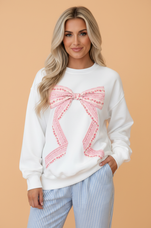 PRETTY BASH Floral Bow Drop Shoulder Long Sleeve Top