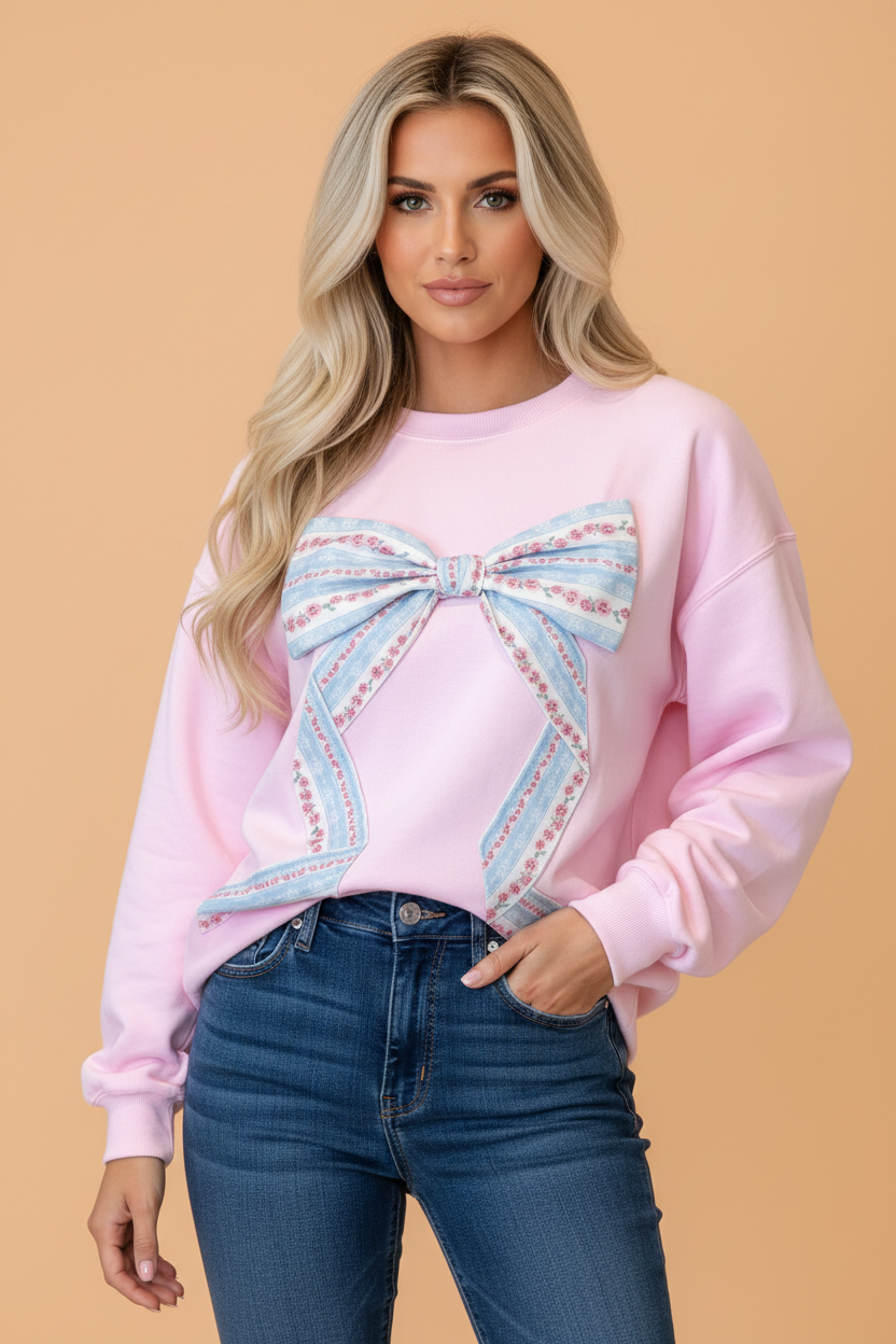 PRETTY BASH Floral Bow Drop Shoulder Long Sleeve Top