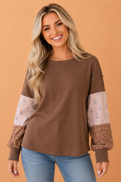 Floral Patchwork Waffle Knit Long Sleeve Top