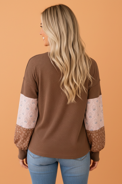 Floral Patchwork Waffle Knit Long Sleeve Top