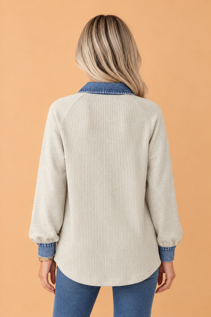 Denim Patchwork Collared Ribbed Knit Long Sleeve Top