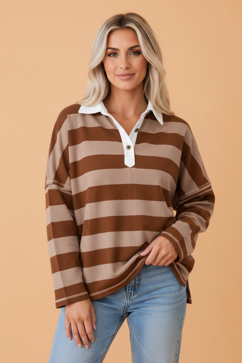 PRETTY BASH Stripe Contrast Polo Collar Long Sleeve Top