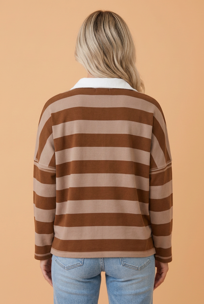 PRETTY BASH Stripe Contrast Polo Collar Long Sleeve Top