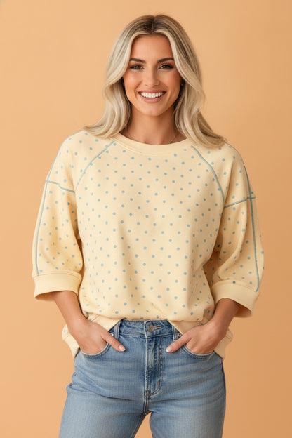 Polka Dot Piping Trim 3/4 Raglan Sleeve Top