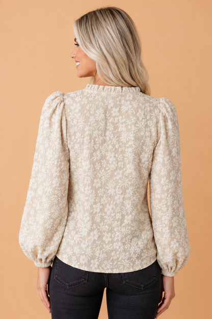 PRETTY BASH Floral Textured V-Neck Long Sleeve Blouse