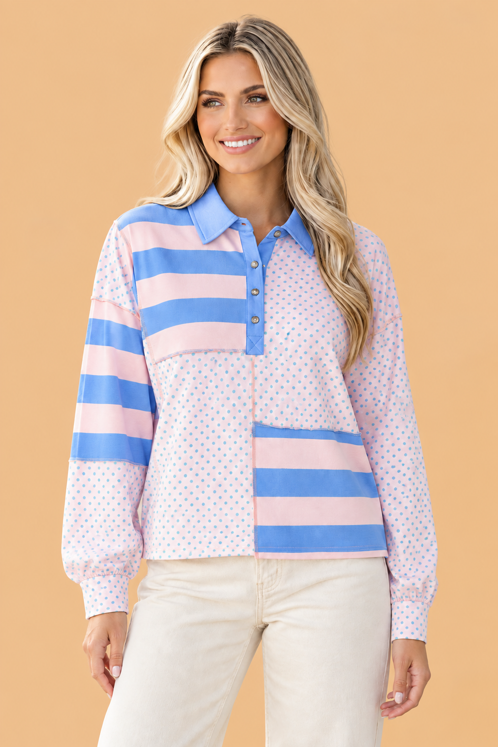 PRETTY BASH Stripe Polka Dot Patchwork Polo Collar Exposed Seam Top