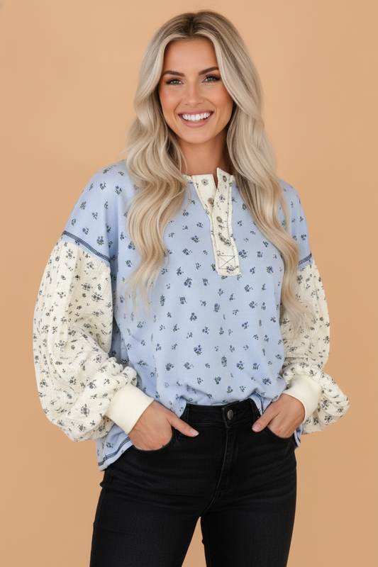 Floral Patchwork Textured Knit Long Sleeve Henley Top