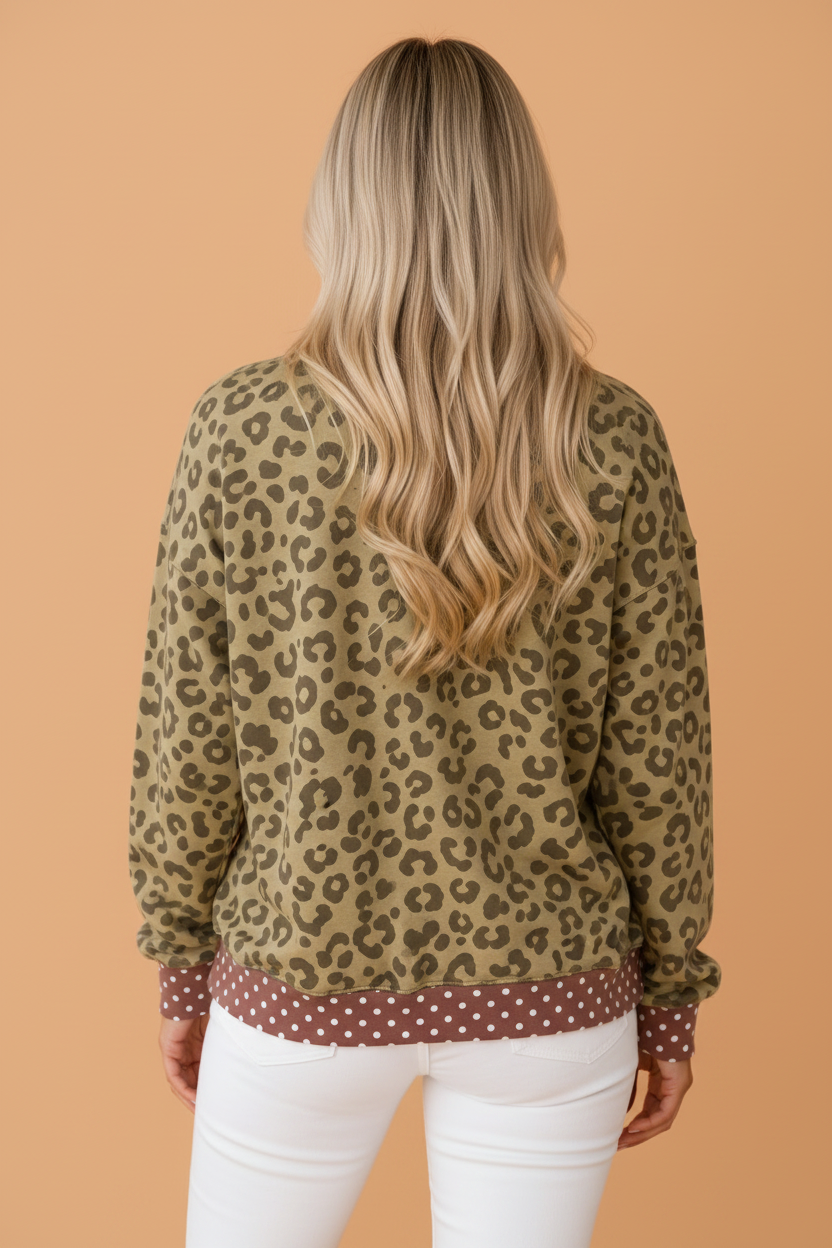 Leopard Polka Dot Colorblock Trim Long Sleeve Top