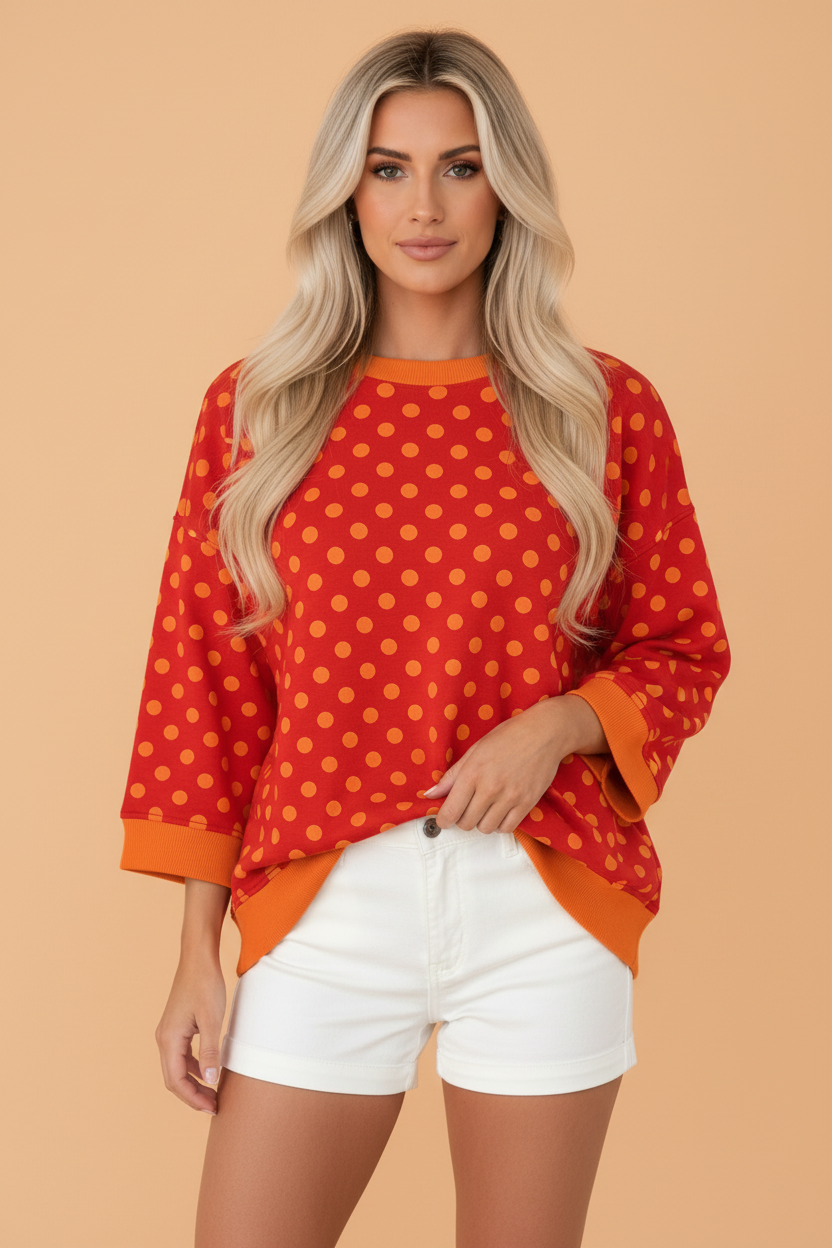 PRETTY BASH Polka Dot Contrast Trim 3/4 Sleeve Top