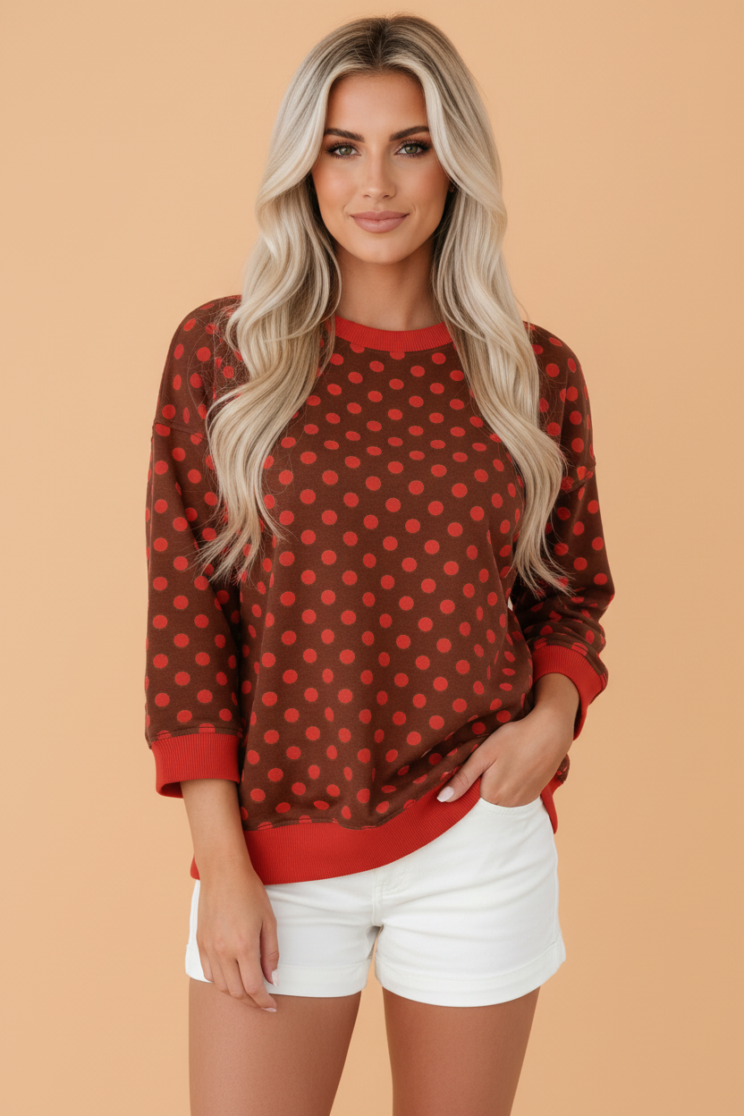 PRETTY BASH Polka Dot Contrast Trim 3/4 Sleeve Top