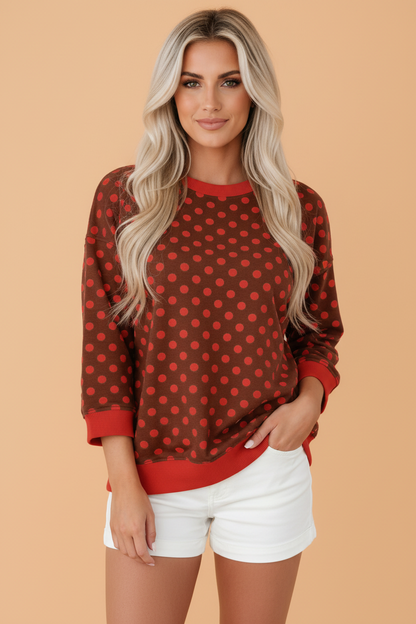 PRETTY BASH Polka Dot Contrast Trim 3/4 Sleeve Top