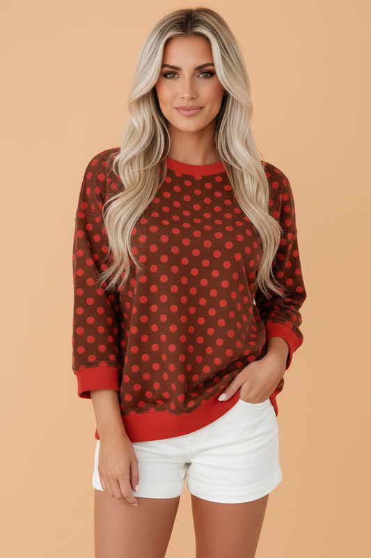 PRETTY BASH Polka Dot Contrast Trim 3/4 Sleeve Top