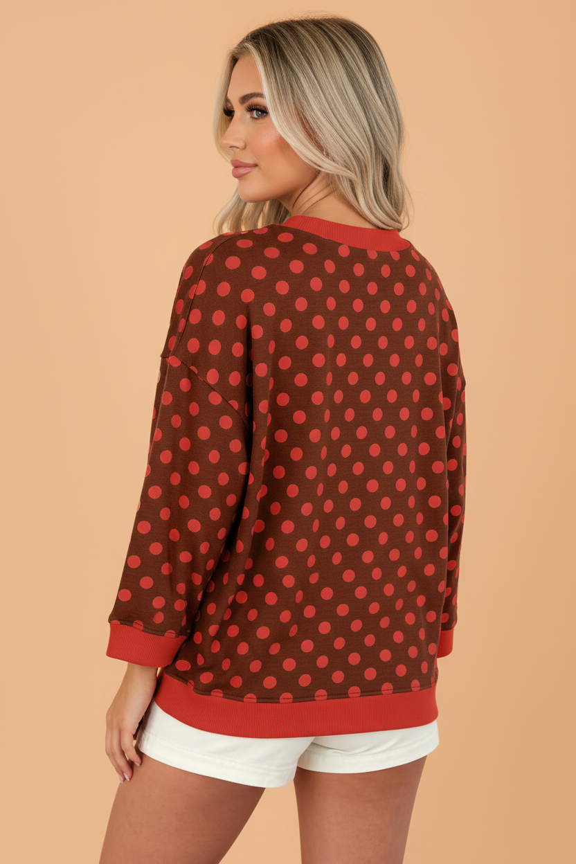 PRETTY BASH Polka Dot Contrast Trim 3/4 Sleeve Top