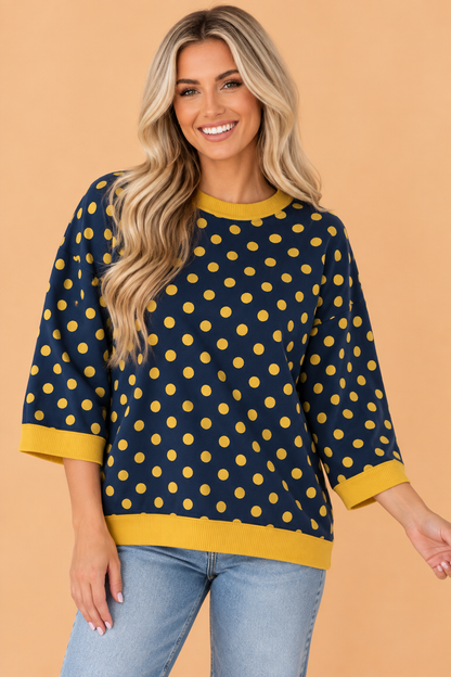 Polka Dot Contrast Trim 3/4 Sleeve Top