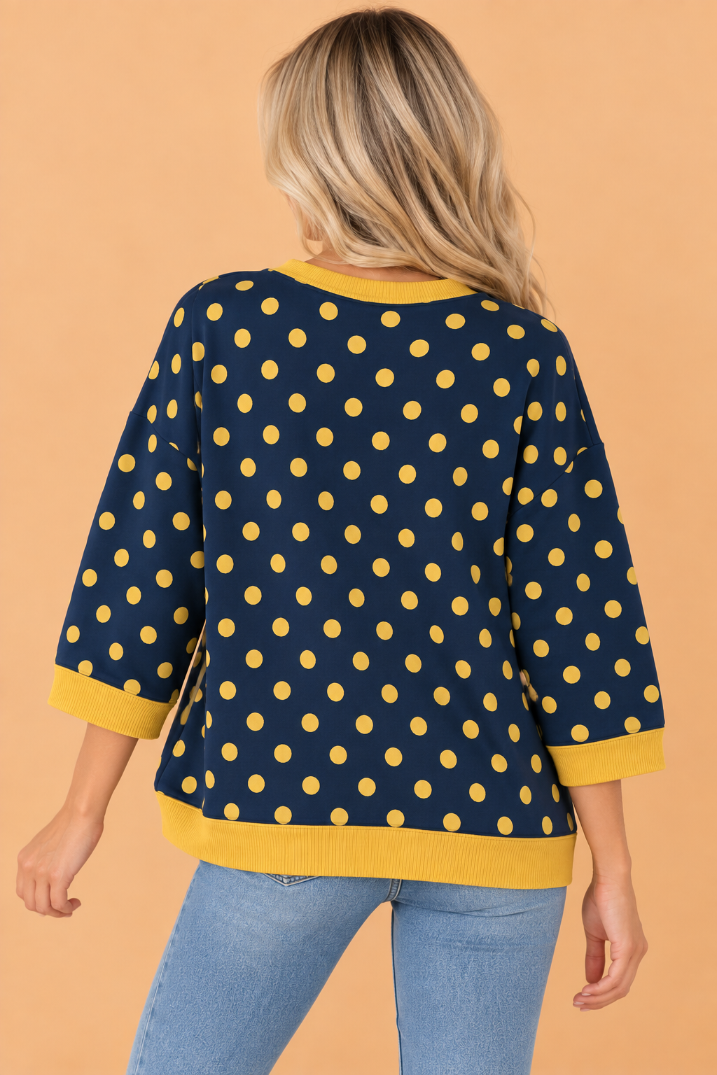 Polka Dot Contrast Trim 3/4 Sleeve Top