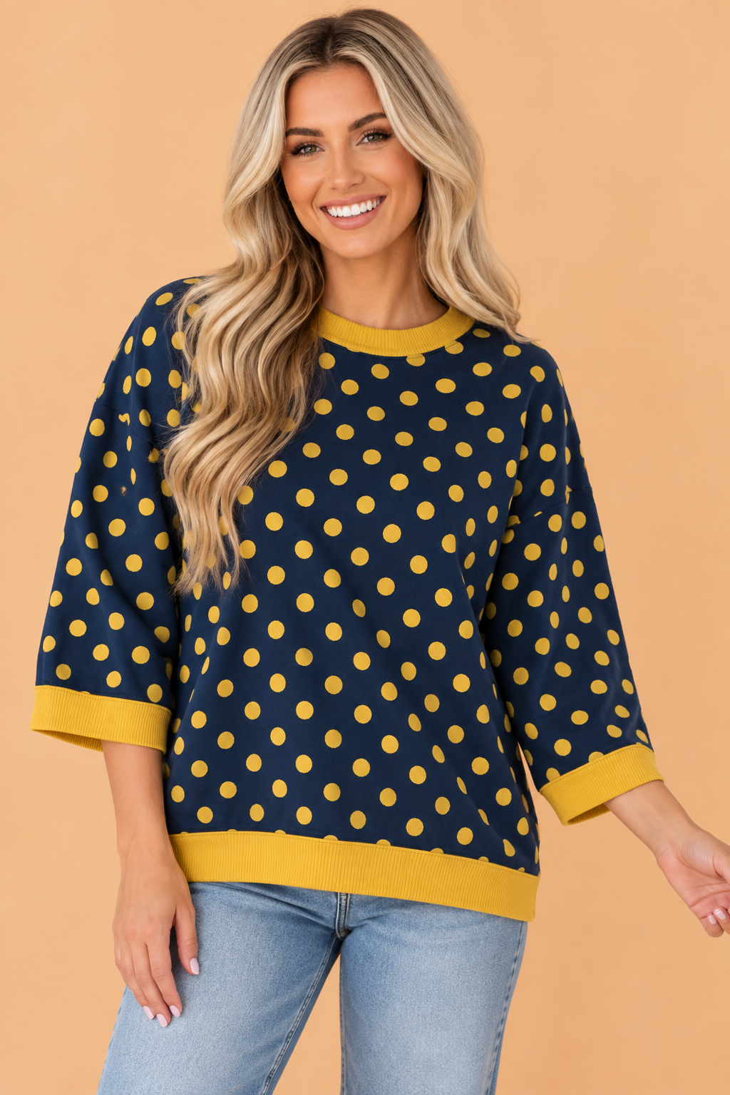 PRETTY BASH Polka Dot Contrast Trim 3/4 Sleeve Top