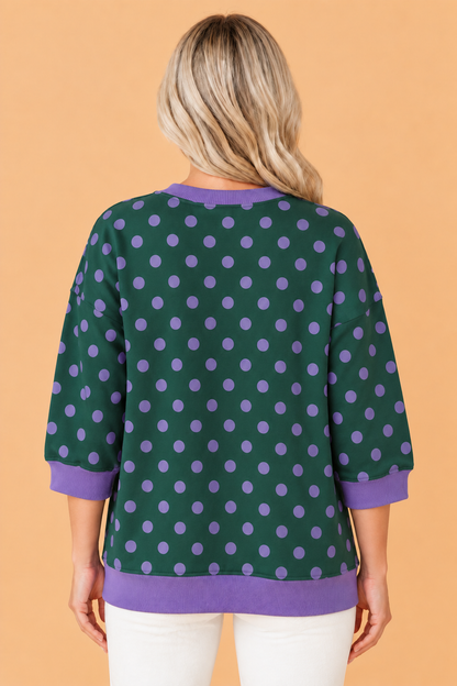PRETTY BASH Polka Dot Contrast Trim 3/4 Sleeve Top