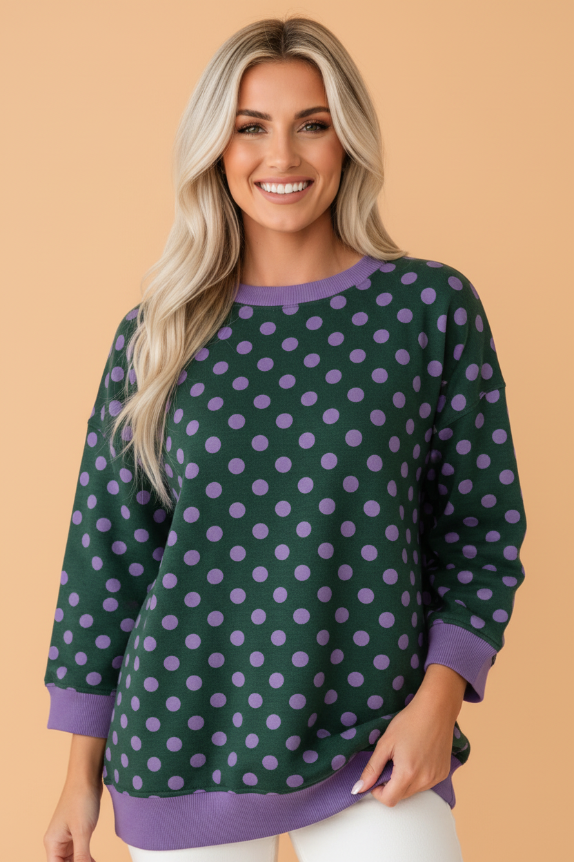 PRETTY BASH Polka Dot Contrast Trim 3/4 Sleeve Top
