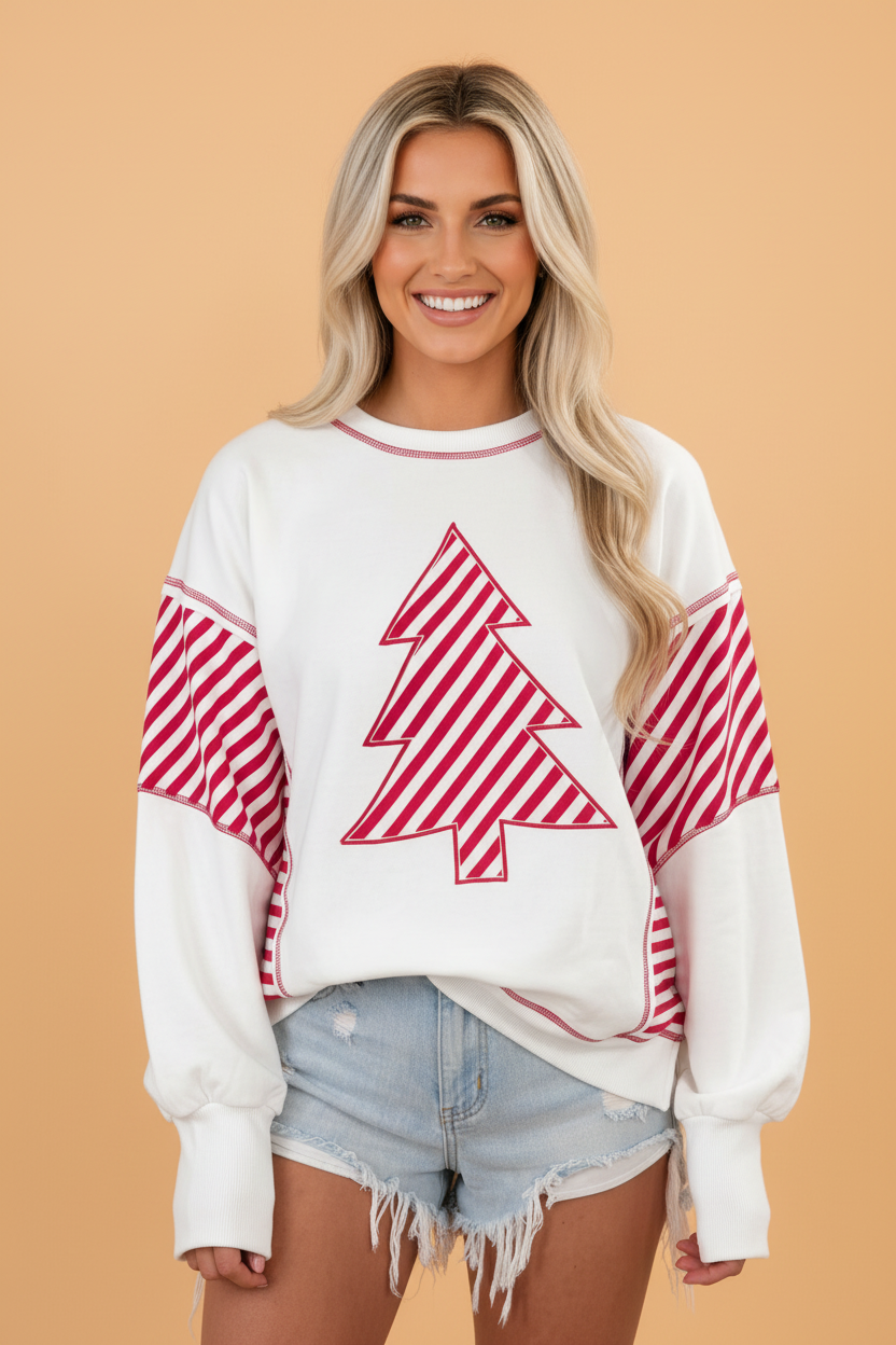 Christmas Tree Stripe Patchwork Puff Sleeve Top