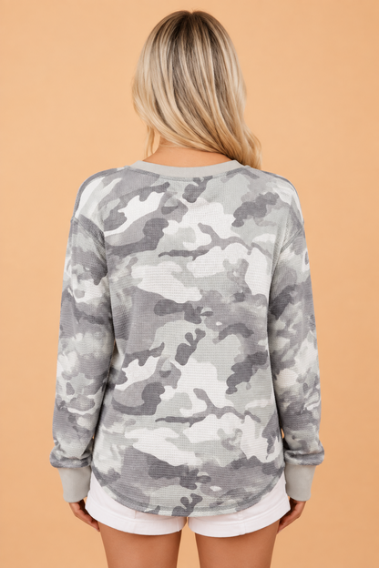 Camo Contrast Stitch Waffle Knit Long Sleeve Top