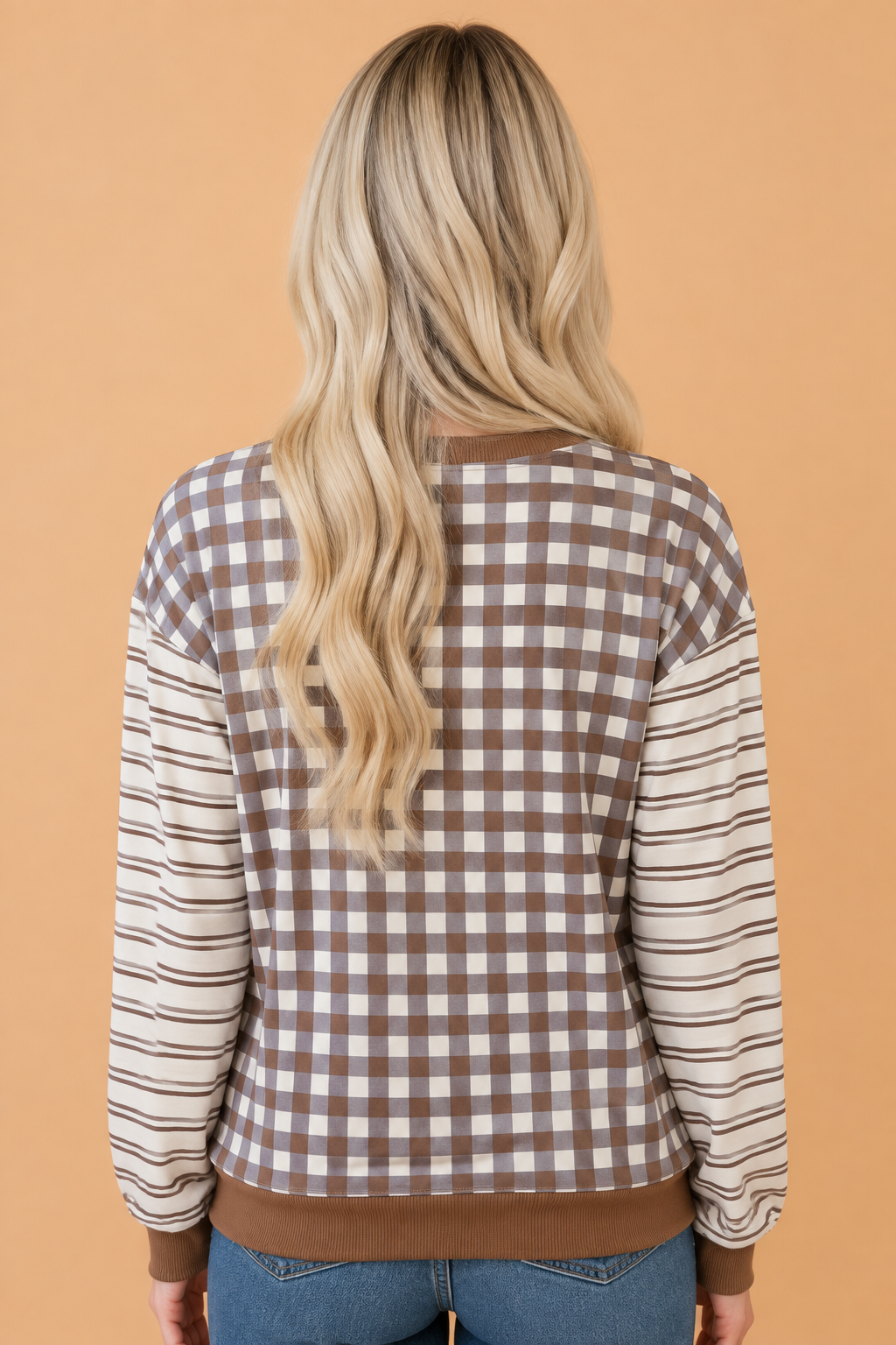 PRETTY BASH Gingham Stripe Patchwork Long Sleeve Top