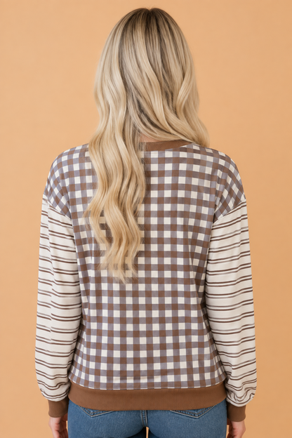 PRETTY BASH Gingham Stripe Patchwork Long Sleeve Top