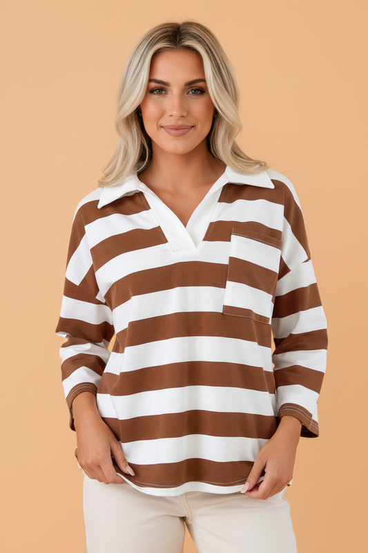 PRETTY BASH Stripe Contrast Collar 3/4 Sleeve Oversized Top