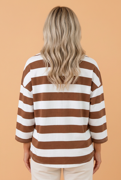 PRETTY BASH Stripe Contrast Collar 3/4 Sleeve Oversized Top