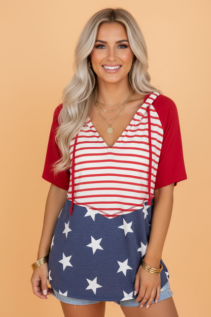 Americana Stars & Stripes Drawstring Hooded T-Shirt