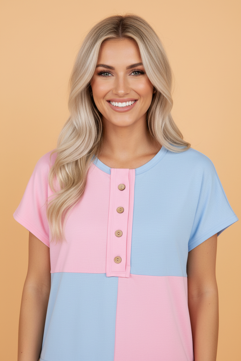 Colorblock Checker Half Button Henley T-Shirt