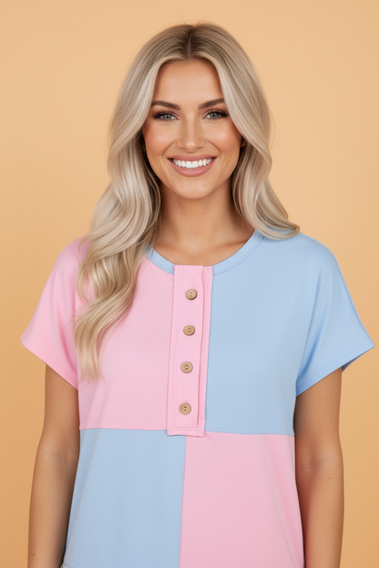 Colorblock Checker Half Button Henley T-Shirt