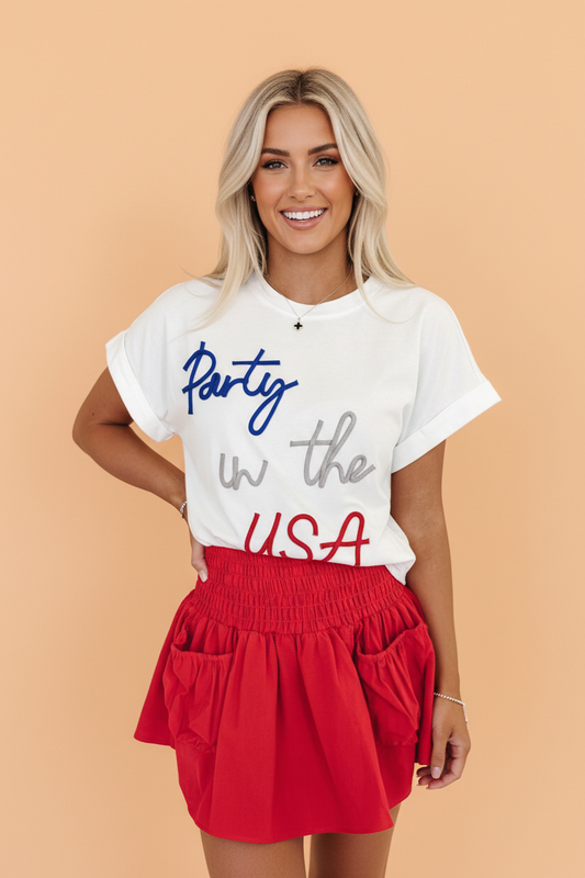 Party in the USA Cord Embroidered Graphic T-Shirt