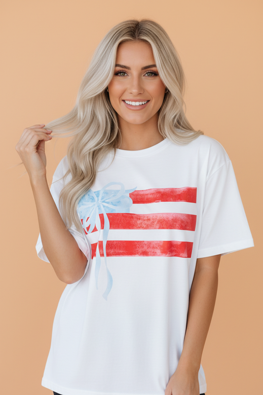 USA Flag Bow Crewneck Graphic Tee