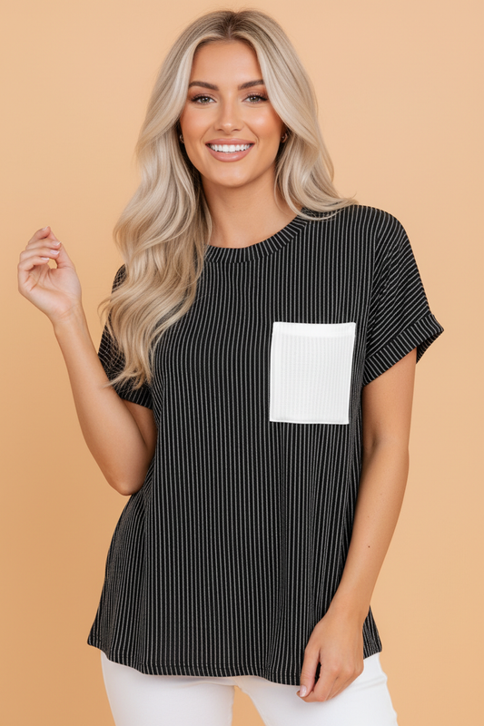 Colorblock Corded Knit Pocketed Crew Neck T-Shirt