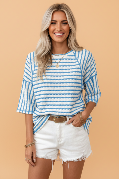 Stripe Textured Knit 3/4 Sleeve Top