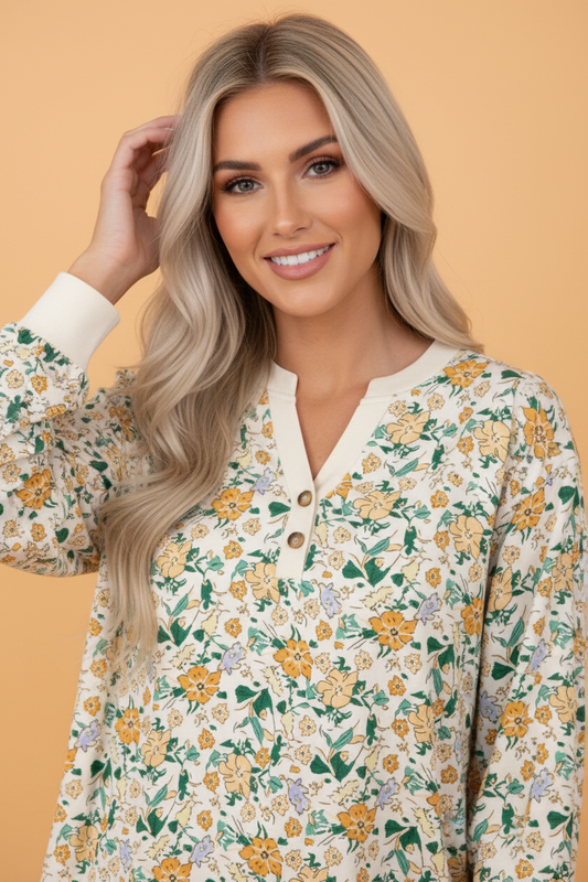Floral Button Notch V-Neck Long Sleeve Top