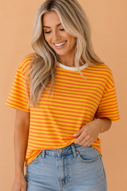 Stripe Contrast Crew Neck Drop Shoulder Tee