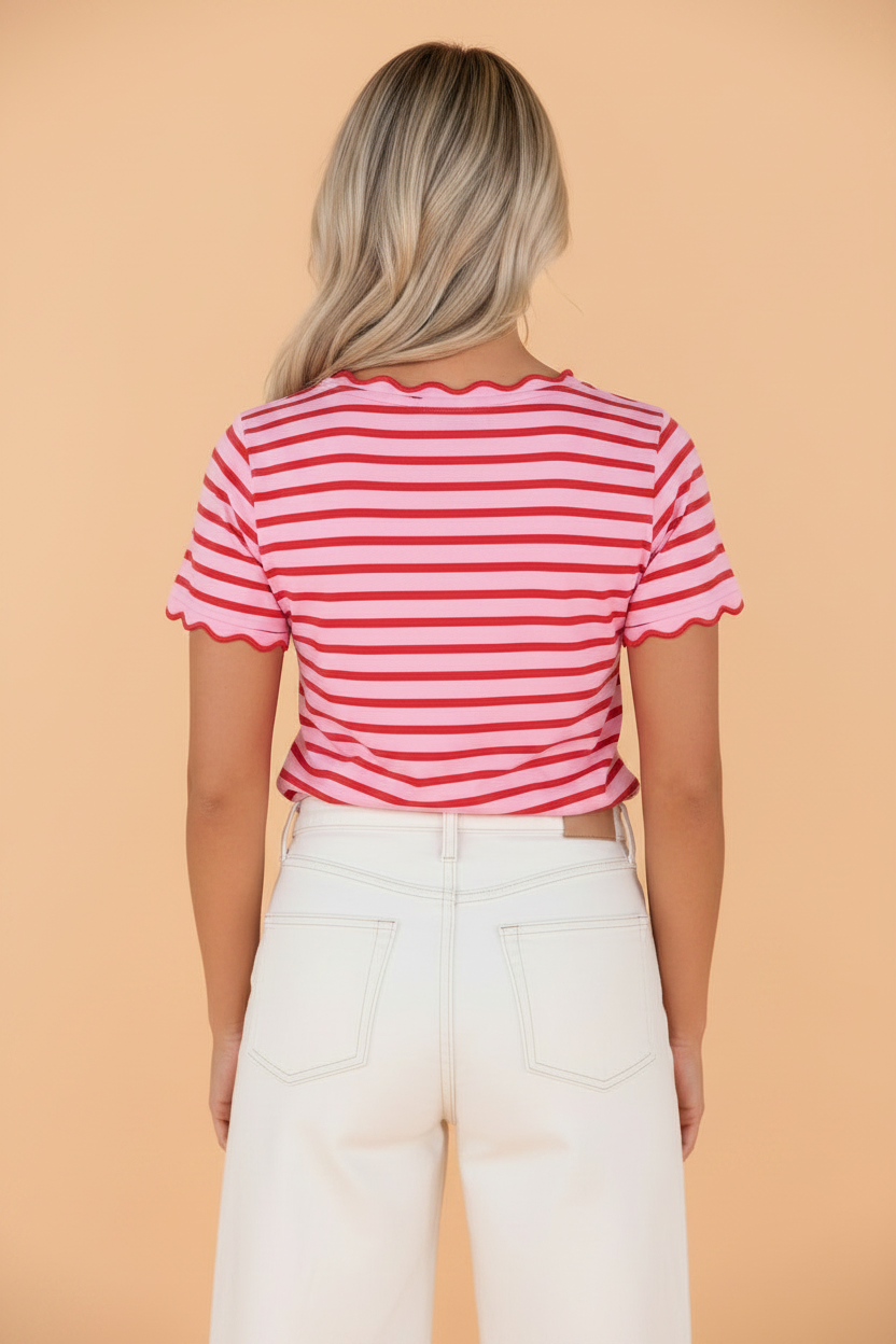 Stripe Scallop Trim Round Neck T-Shirt