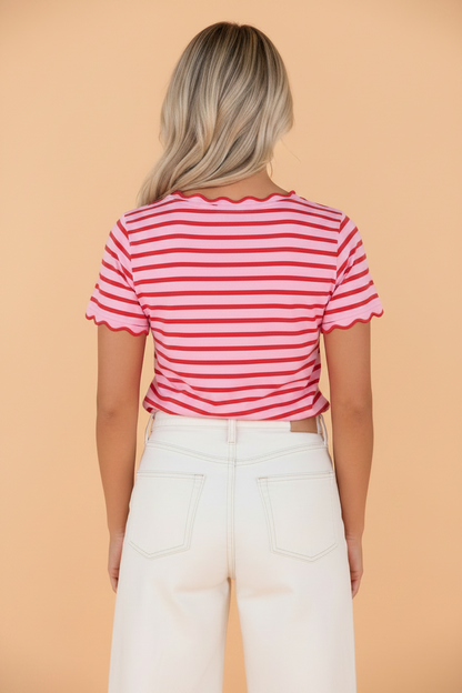 Stripe Scallop Trim Round Neck T-Shirt