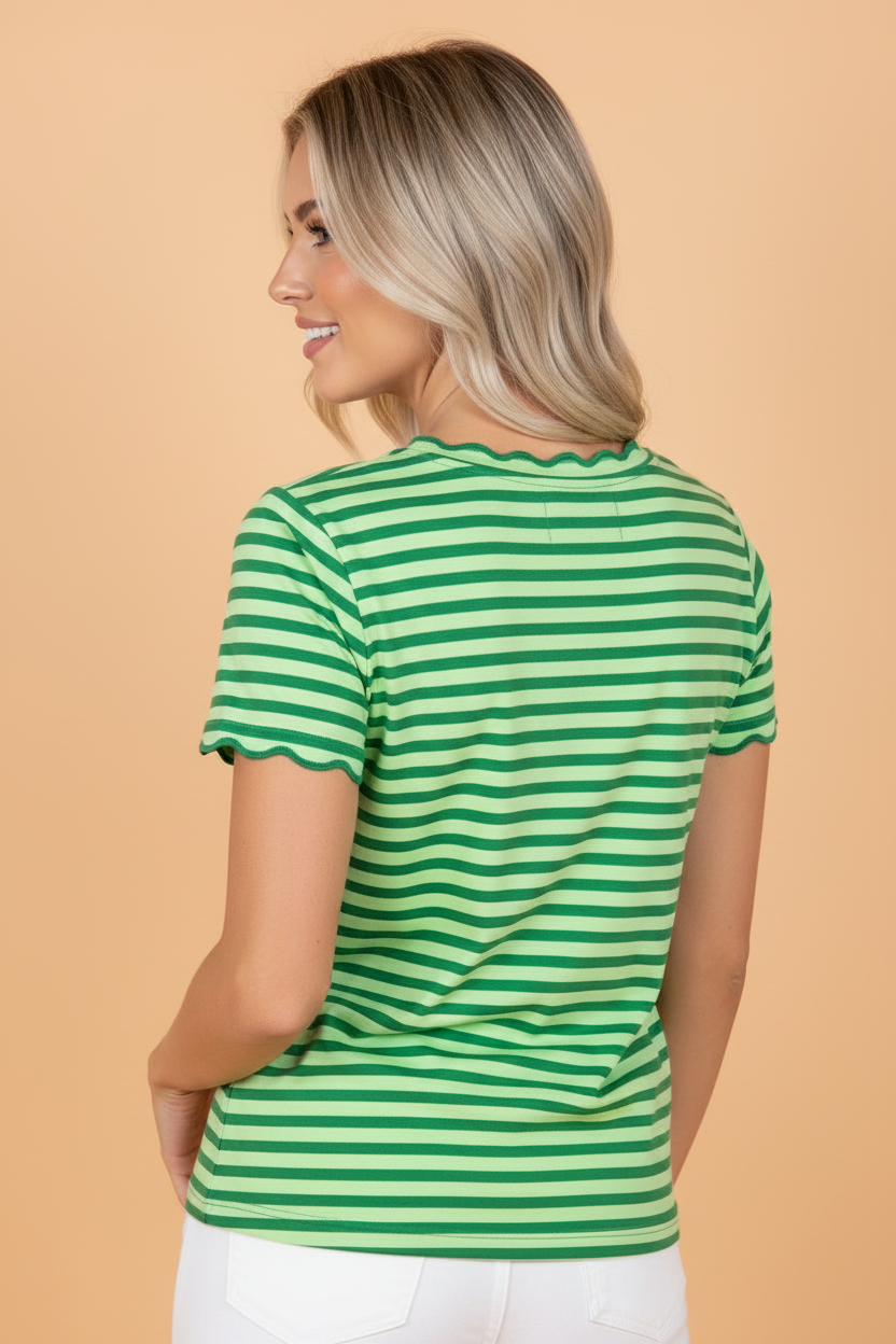 Stripe Scallop Trim Round Neck T-Shirt
