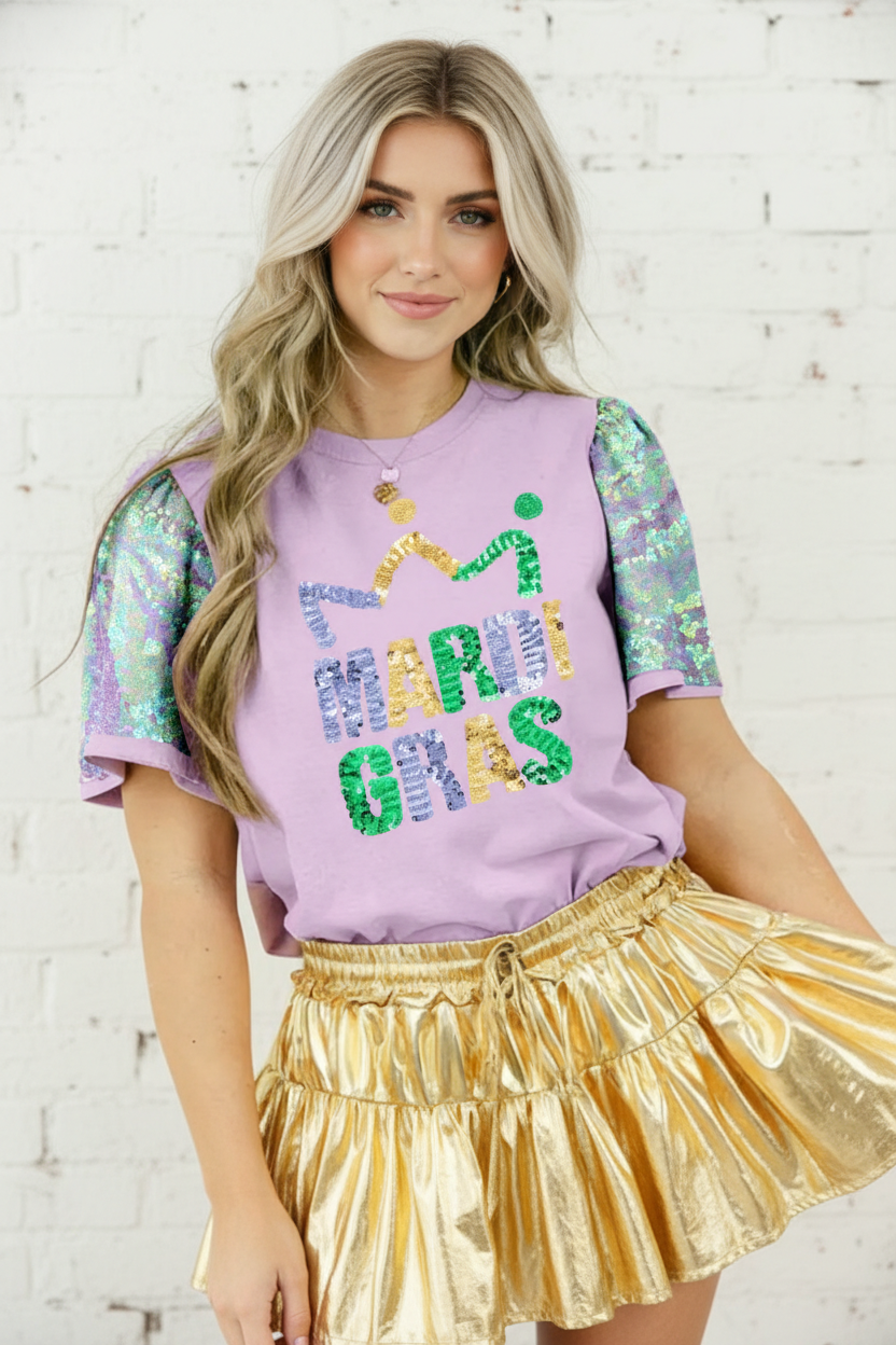 Mardi Gras Sequin Graphic Patchwork T-Shirt