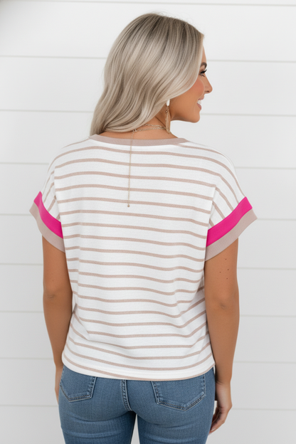 Stripe Colorblock Trim Short Sleeve Top