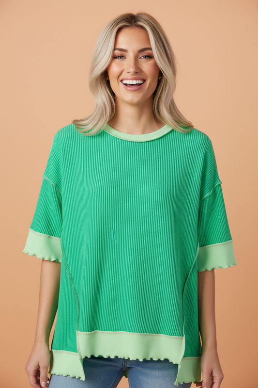 Colorblock Corded Knit Uneven Hem T-Shirt