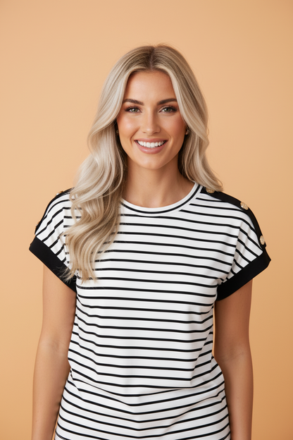 Stripe Buttoned Shoulder Cuffed Short Sleeve Tee