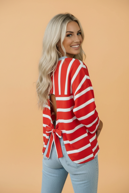 Stripe Bow Tie Hollow Back 3/4 Sleeve T-Shirt