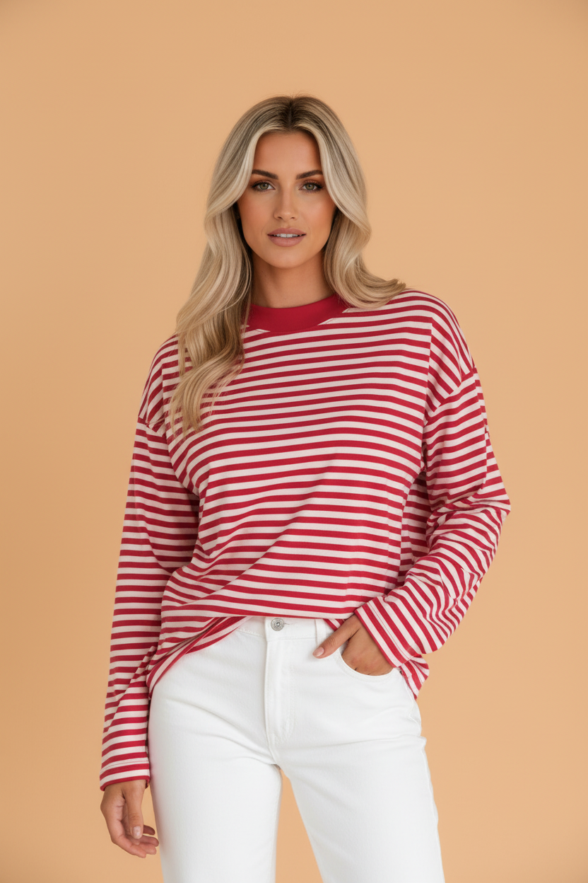 PRETTY BASH Stripe Oversized Long Sleeve Round Neck Top
