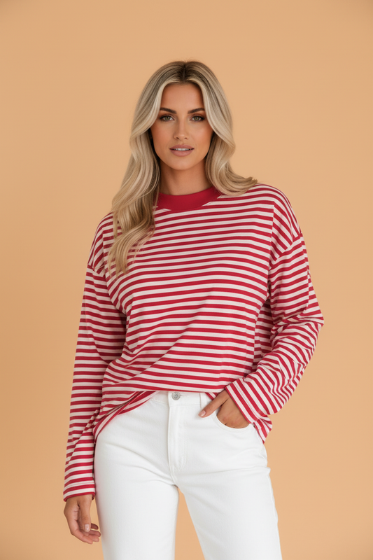 PRETTY BASH Stripe Oversized Long Sleeve Round Neck Top