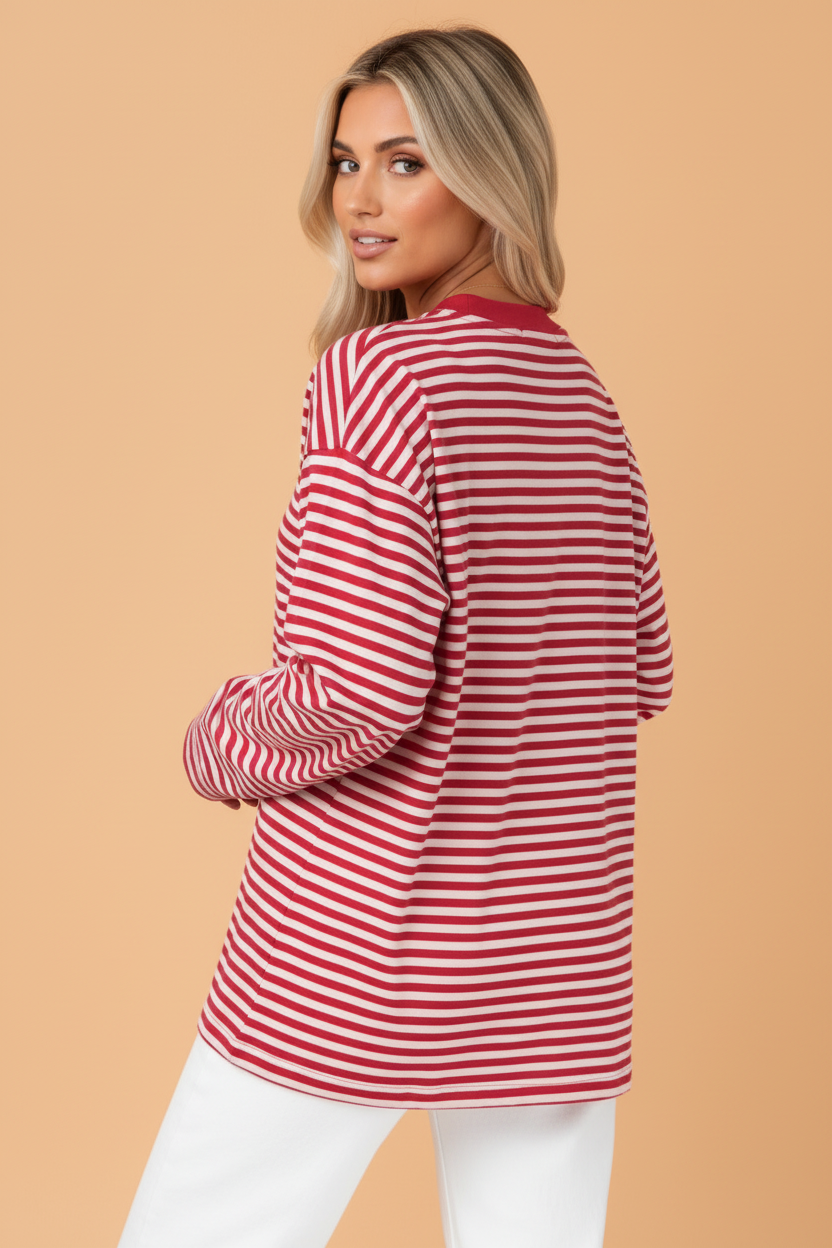 PRETTY BASH Stripe Oversized Long Sleeve Round Neck Top