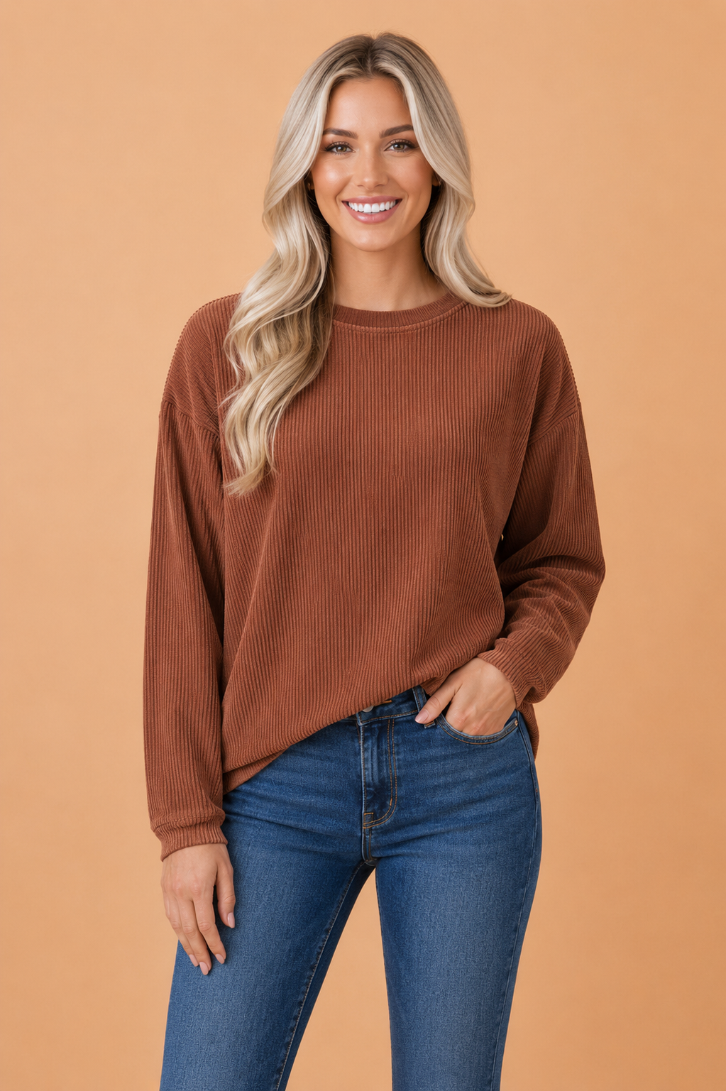 Solid Ribbed Corduroy Long Sleeve Oversized Sweatshirt